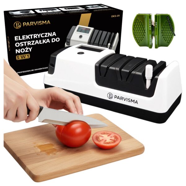 Elektryczna ostrzałka do noży i nożyczek 3w1 z powłoką diamentową. Szybko przywraca ostrość ostrzy, łatwa w użyciu, idealna do każdej kuchni.